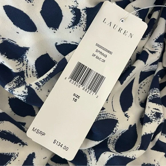 NWT Lauren Ralph Lauren White & Blue Dress | Ruched Faux Wrap V-Neck | 16 - Picture 12 of 14